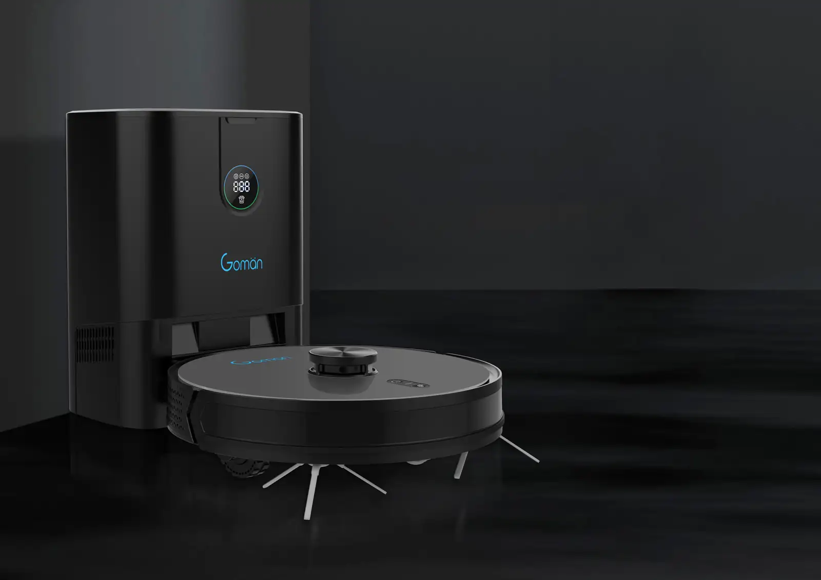 Robot aspirador redondo junto a su base de carga con vaciado automático, sobre suelo oscuro